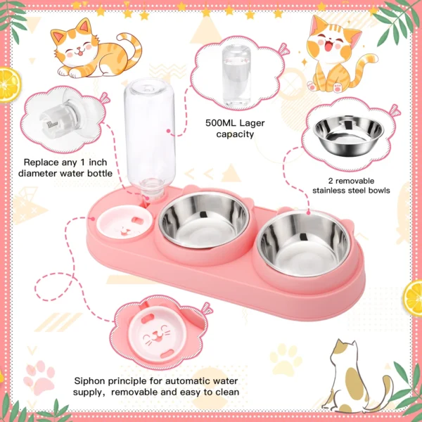 1 Tilted Raised Cat Bowl with Water Bottle - Pink - Image 2